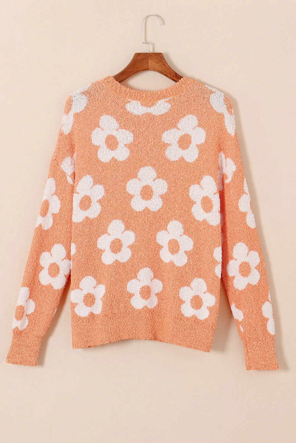 Grapefruit Orange Fuzzy Floral Knitted Drop Shoulder Sweater - Chic Meadow Boutique 