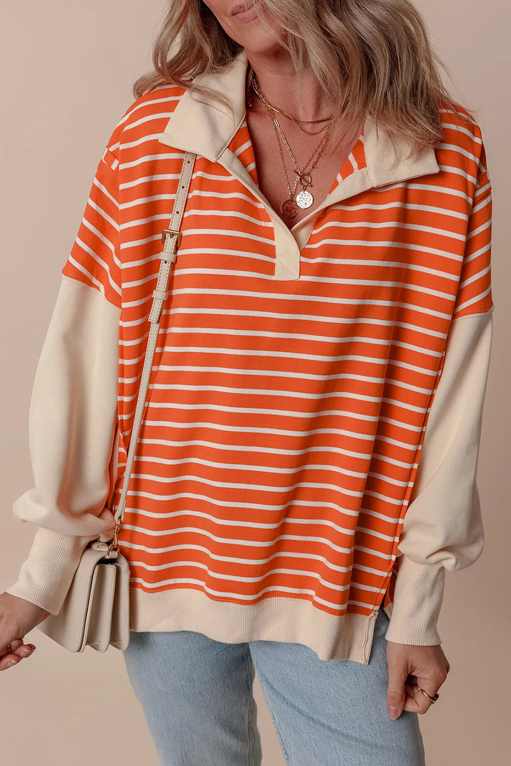 Orange Stripe Color Block Loose Fit Collared Drop Shoulder Sweatshirt - Chic Meadow Boutique 