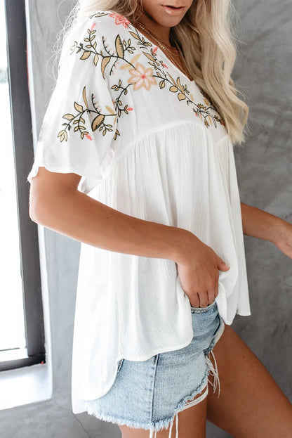 White Floral Embroidered V Neck Crinkle Babydoll Blouse - Chic Meadow Boutique 