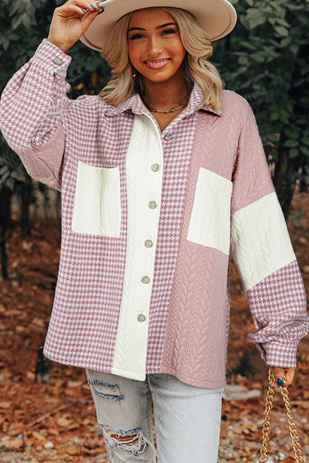 Pink Houndstooth Color Contrast Textured Patchwork Loose Shacket - Chic Meadow Boutique 