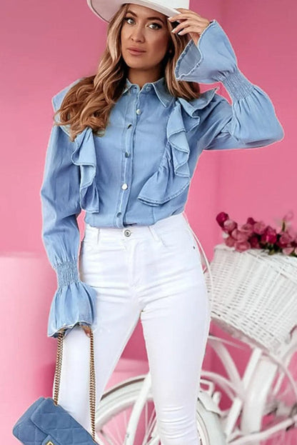 Tops/Blouses & Shirts Myosotis Ruffled Shirred Cuffs Button up Chambray Shirt