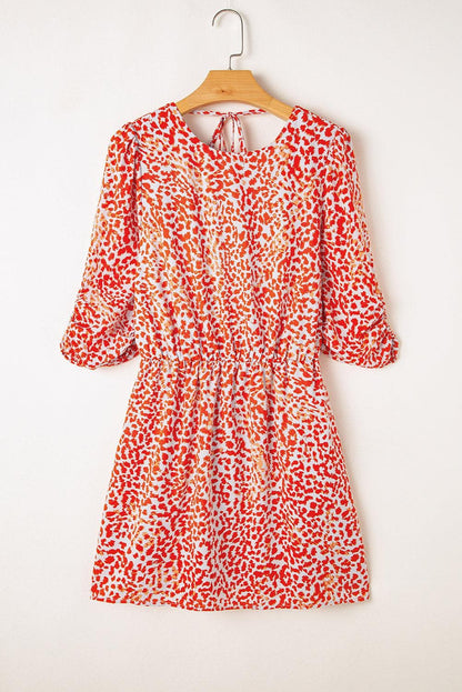 Dresses/Mini Dresses Tomato Red Leopard Print Long Sleeve Hollowed Back Split Mini Dress