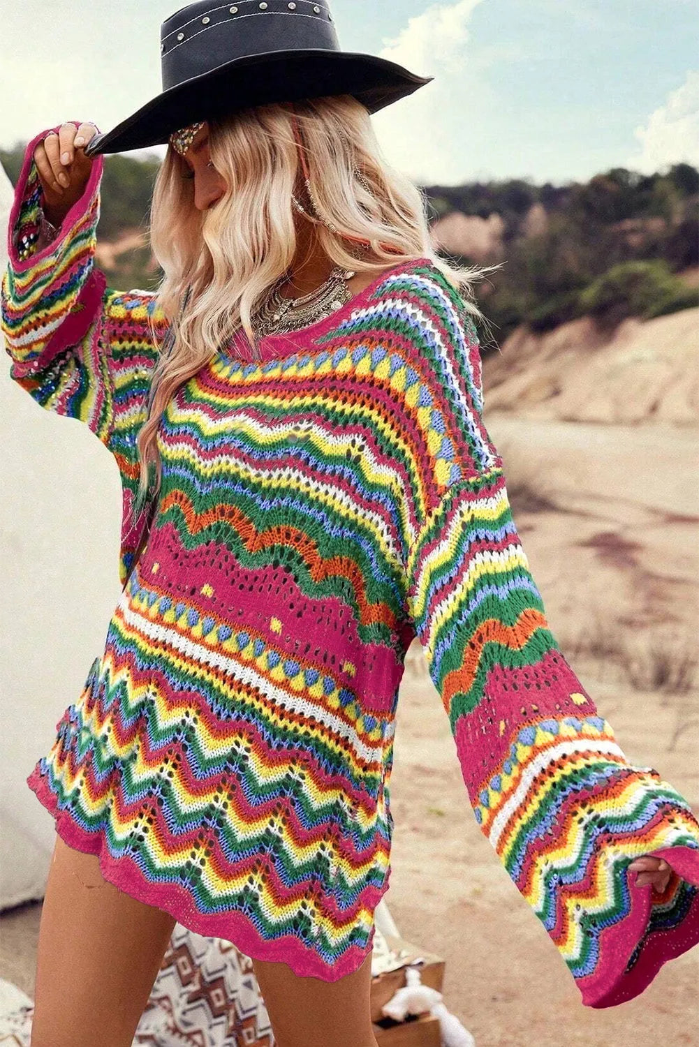 Rose Red Colorblock Striped Hollowed Knit Loose Sleeve Sweater - Chic Meadow Boutique 