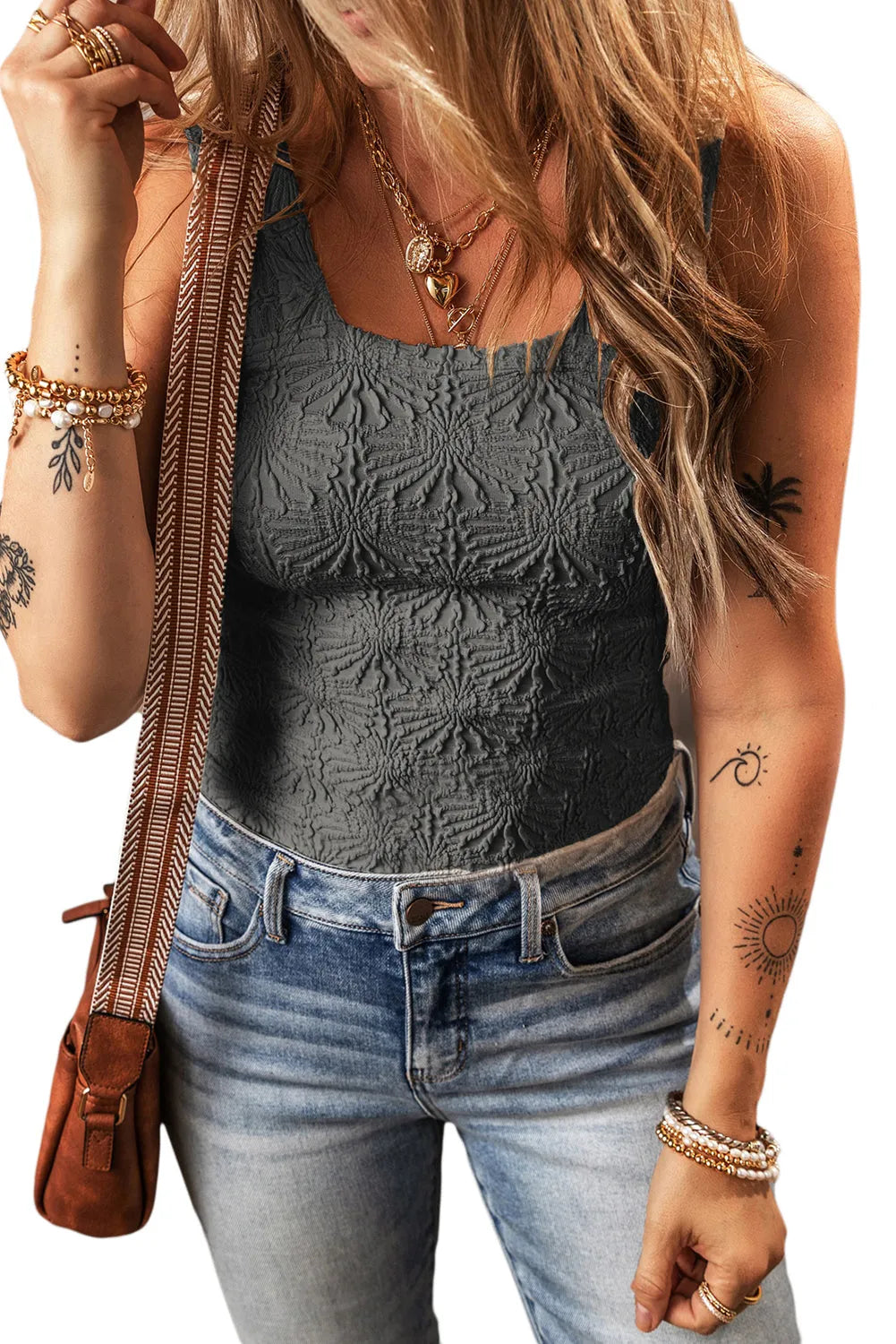 Medium Grey Floral Jacquard Square Neck Tank Top - Chic Meadow Boutique 