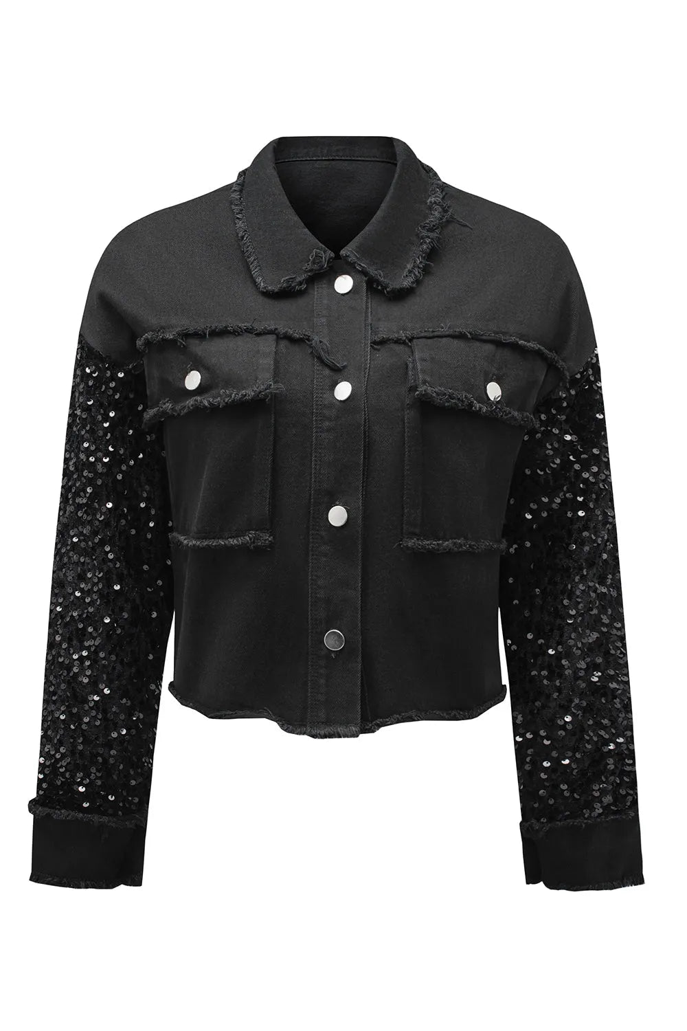 Black Sequin Sleeve Pocketed Raw Hem Denim Jacket - Chic Meadow Boutique 