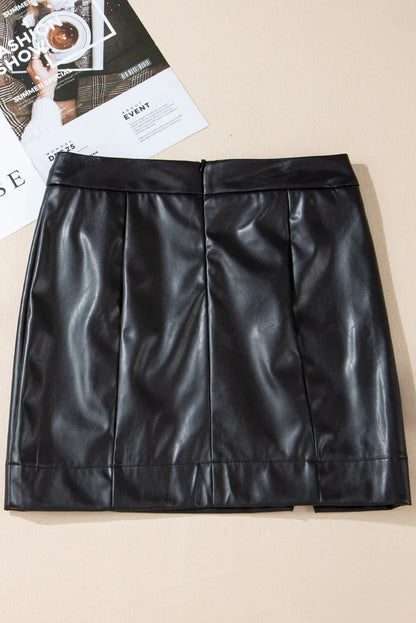 Black PU Leather Side Slits Slim Fit High Waist Mini Skirt - Chic Meadow Boutique 