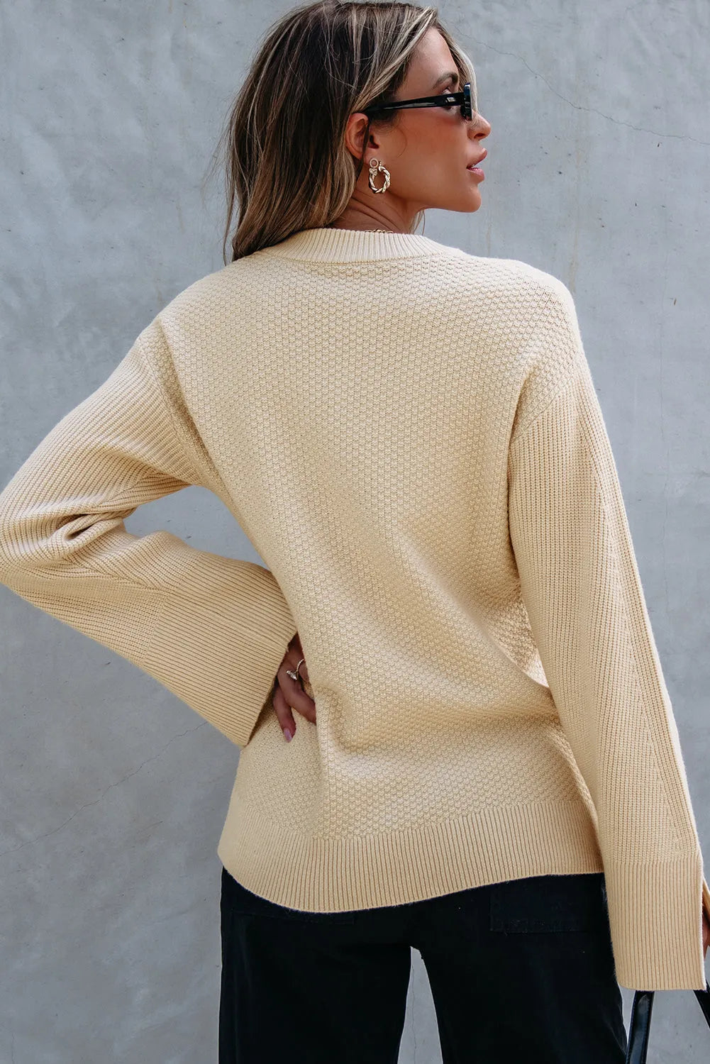 Parchment Solid Textured Knit Split Cuff Drop Shoulder Loose Sweater - Chic Meadow Boutique 