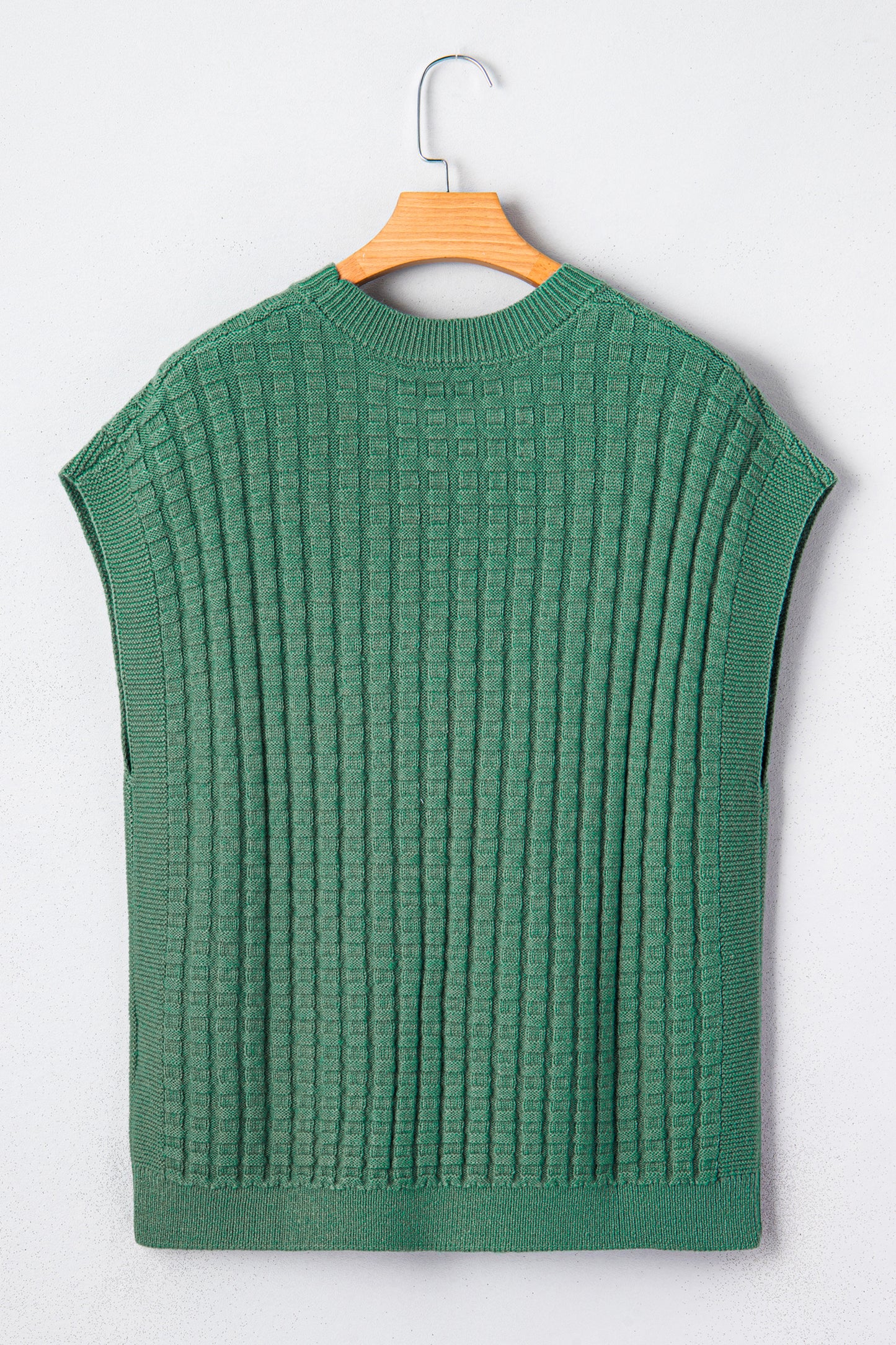 Mist Green Solid Color Round Neck Textured Short Sleeve Sweater