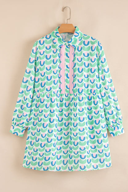 Green Floral Print Notched Neck Scalloped Detail Long Sleeve Mini Dress