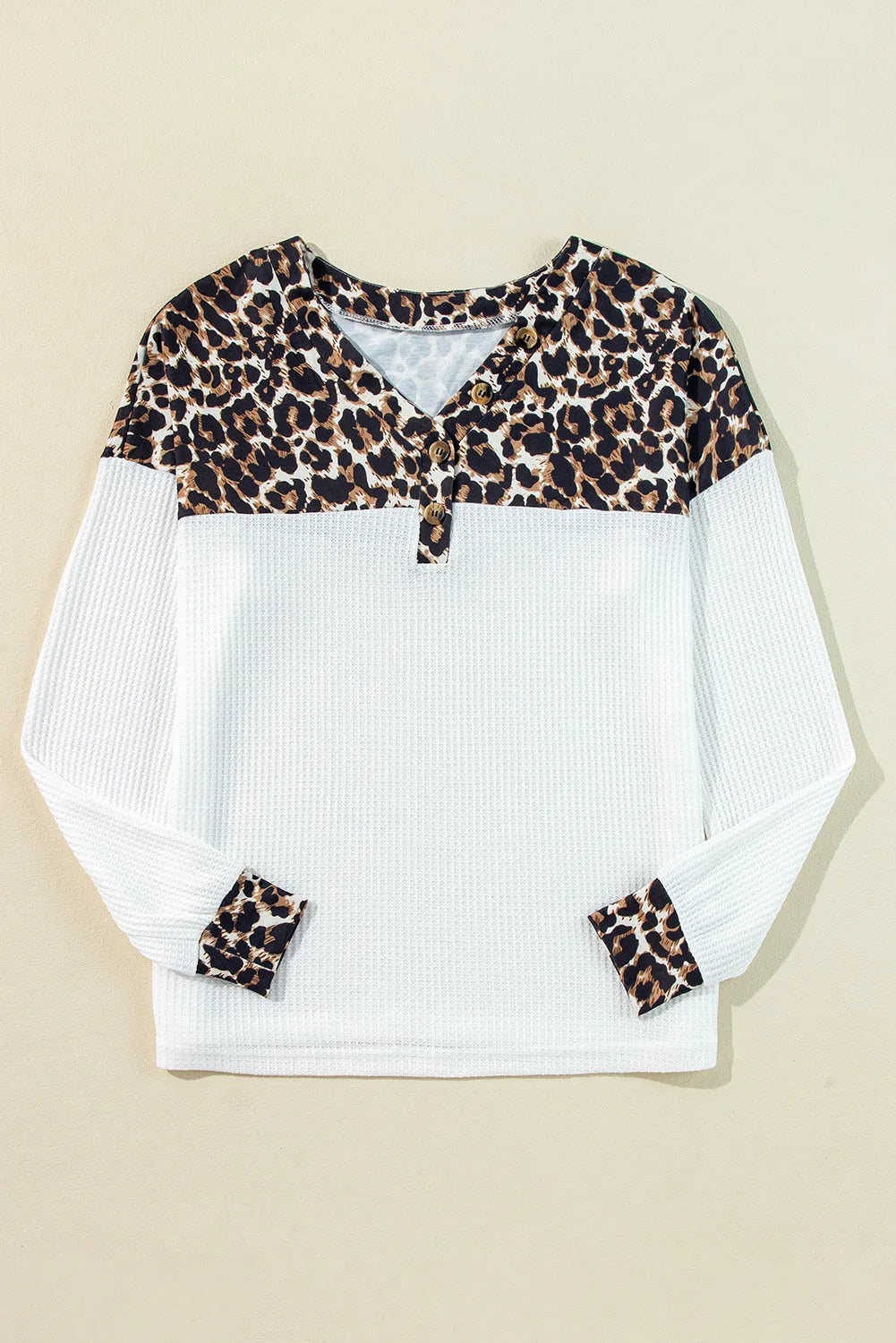 White Leopard Waffle Knit Patchwork Button V Neck Top - Chic Meadow Boutique 