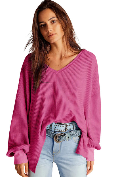 Bright Pink Waffle V Neck Long Sleeve Drop Shoulder Loose Blouse - Chic Meadow Boutique 