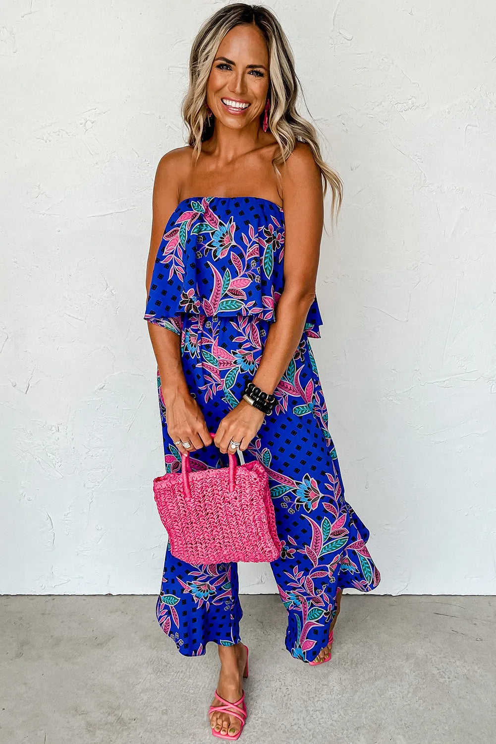 Blue Mix Tropical Print Strapless Ruffled Jumpsuit - Chic Meadow Boutique 