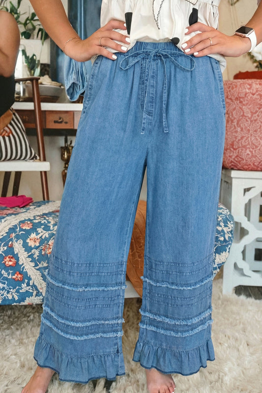 Dusk Blue Ruffled Hem Wide Leg Chambray Pants