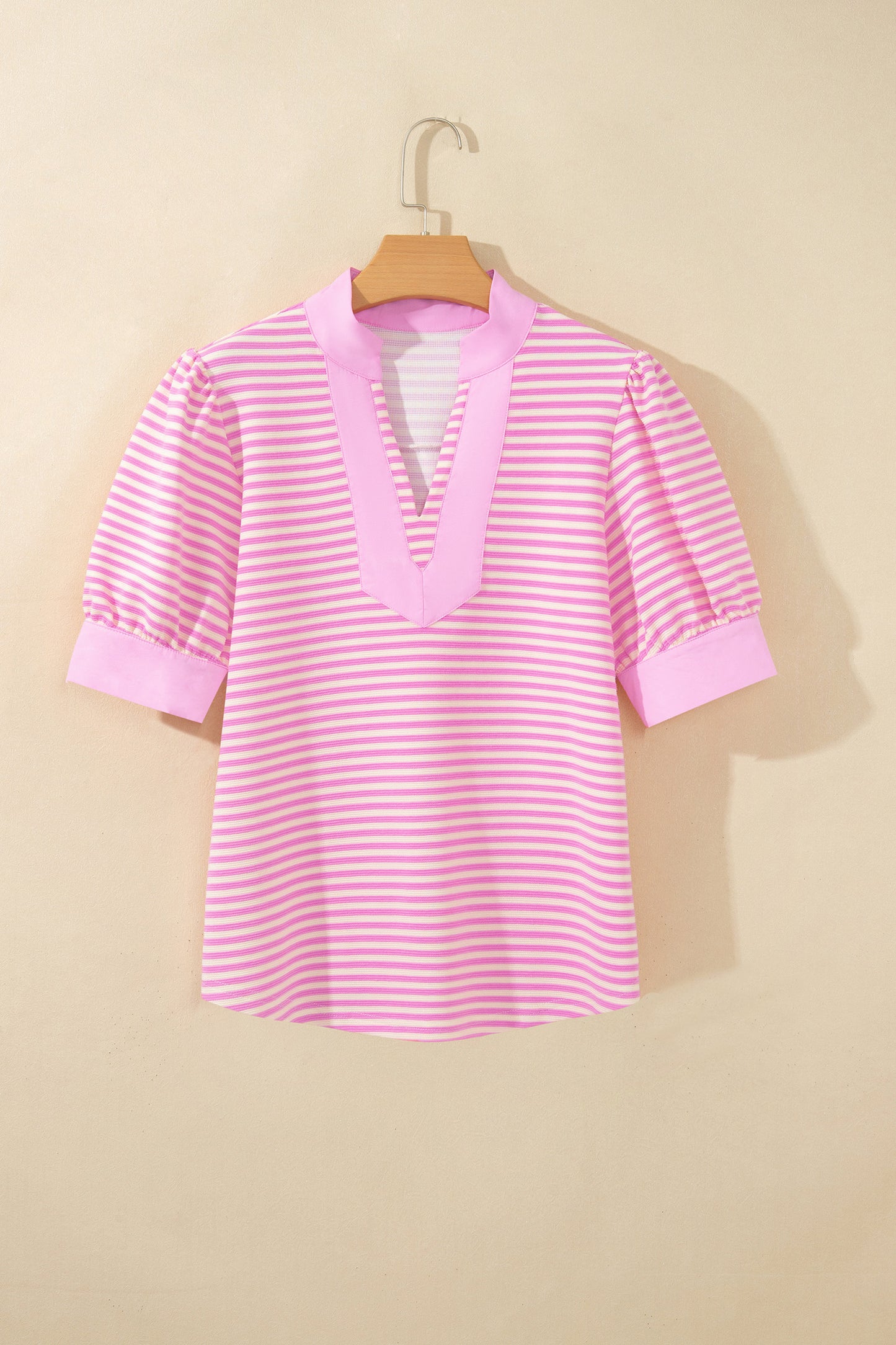 Pink Stripe Color Block Detail Split Neck Short Sleeve Blouse