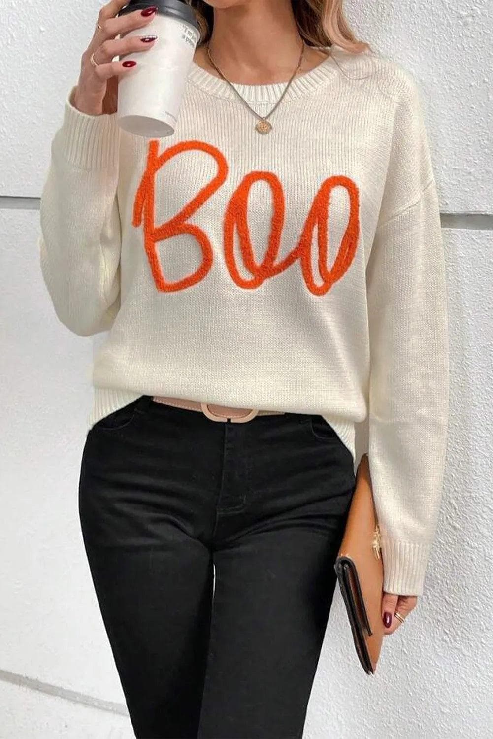 Sweaters & Cardigans/Sweaters Apricot Boo Knitted Pattern Ribbed Edge Drop Shoulder Sweater