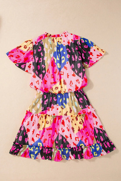 Rose Leopard Print Short Sleeve Tiered Ruffle Mini Dress - Chic Meadow Boutique 