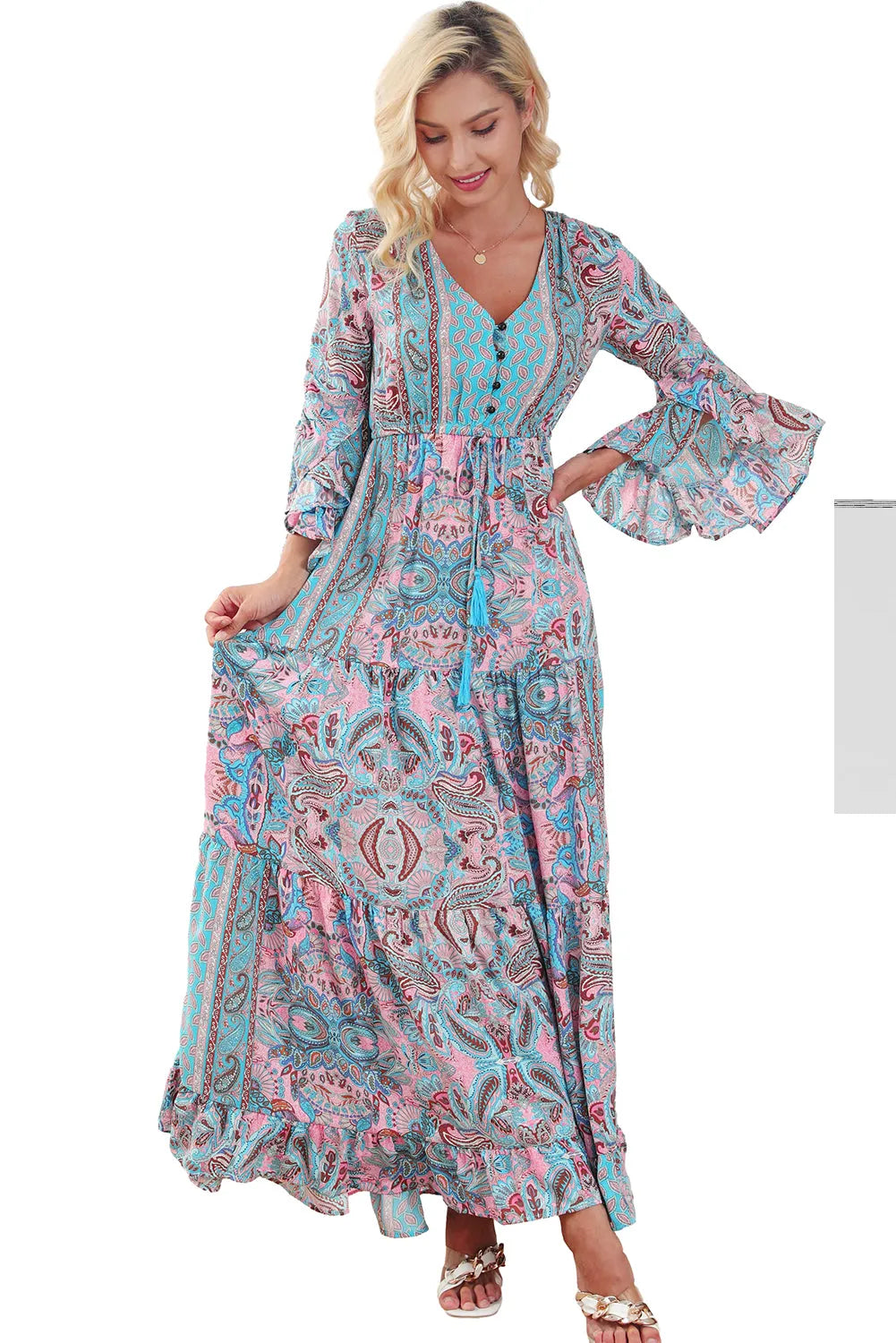 Paisley Printed Ruffle Trim Elegant Maxi Dress - Chic Meadow Boutique 