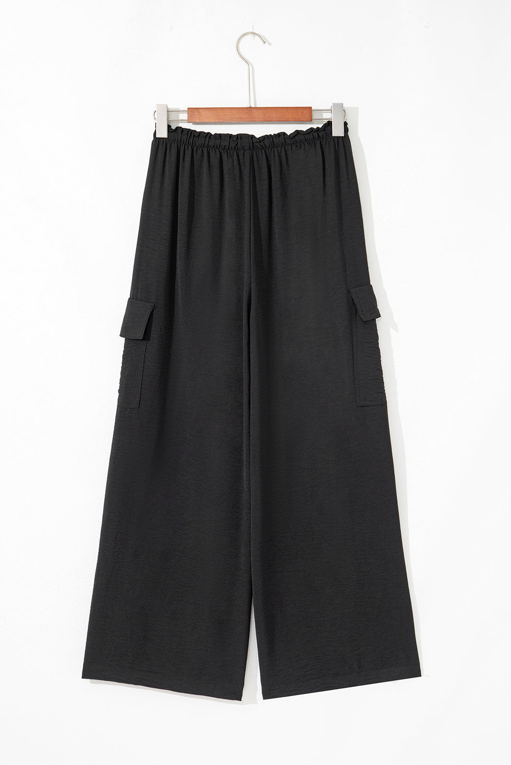 Black Drawstring Frilled Waist Wide Leg Utility Trousers
