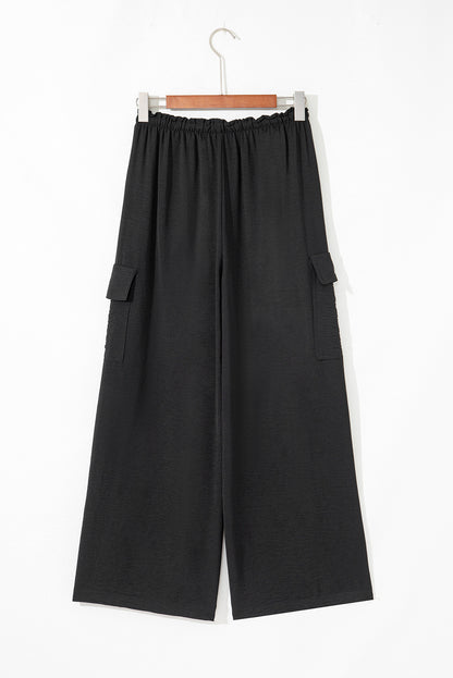 Black Drawstring Frilled Waist Wide Leg Utility Trousers