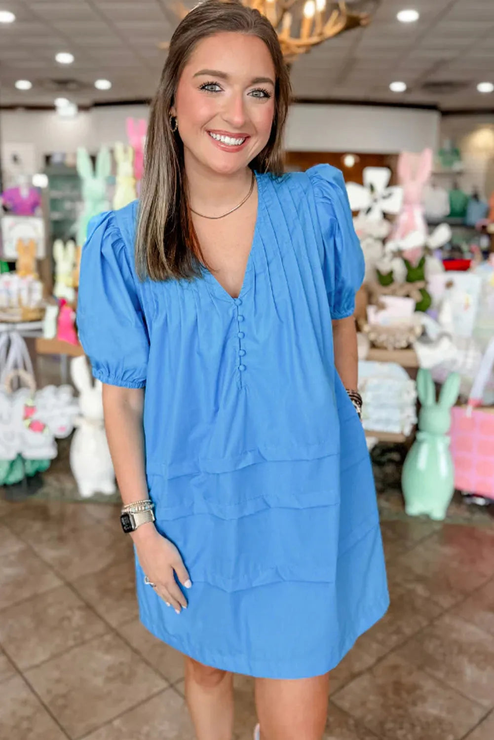 Blue Solid Color Pleated Puff Short Sleeve Shift Dress - Chic Meadow Boutique 