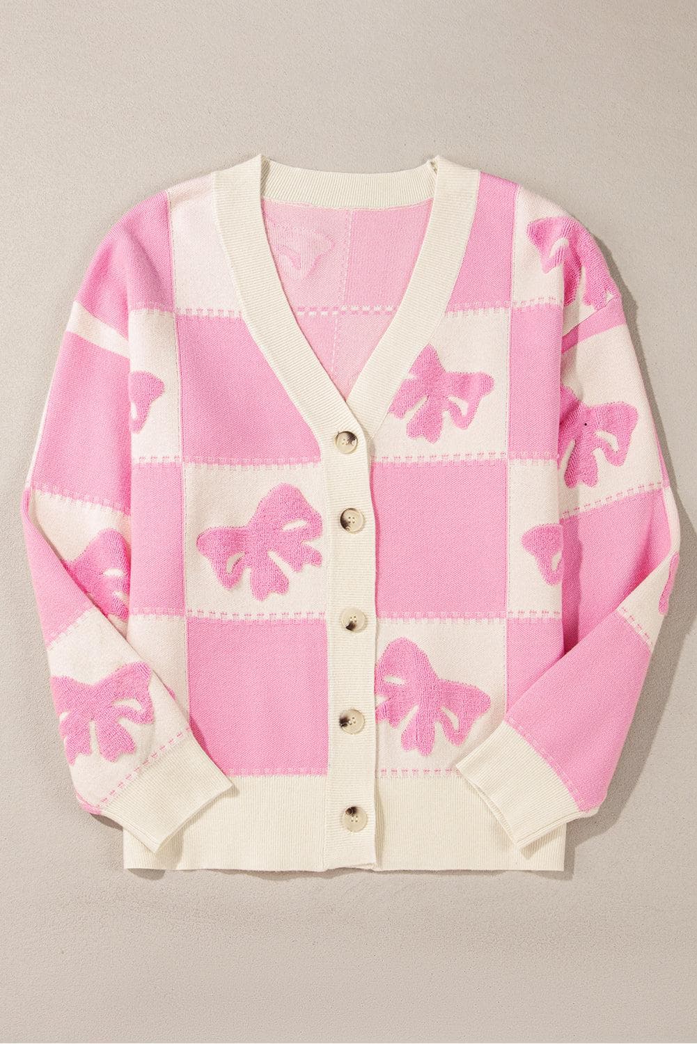 Sweaters & Cardigans/Cardigans Pink Bowknot Checkered Pattern V Neck Drop Shoulder Button Up Cardigan