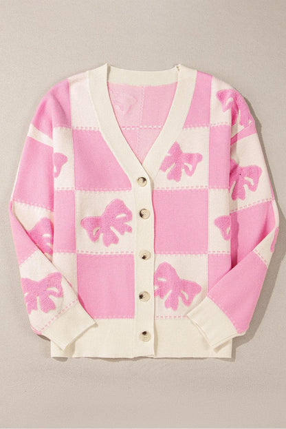 Sweaters & Cardigans/Cardigans Pink Bowknot Checkered Pattern V Neck Drop Shoulder Button Up Cardigan