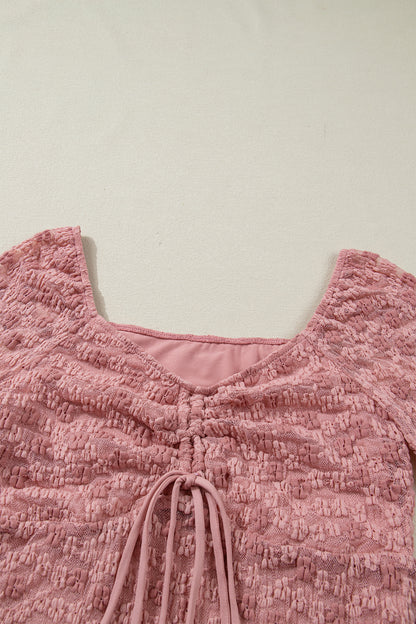 Peach Blossom Drawstring Knot Detail Floral Lace Blouse