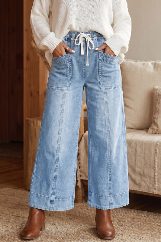Beau Blue Drawstring Waist Wide Leg Ankle Length Jeans