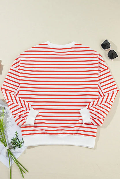 Orange Stripe Drop Shoulder Crew Neck Loose Sweatshirt - Chic Meadow Boutique 