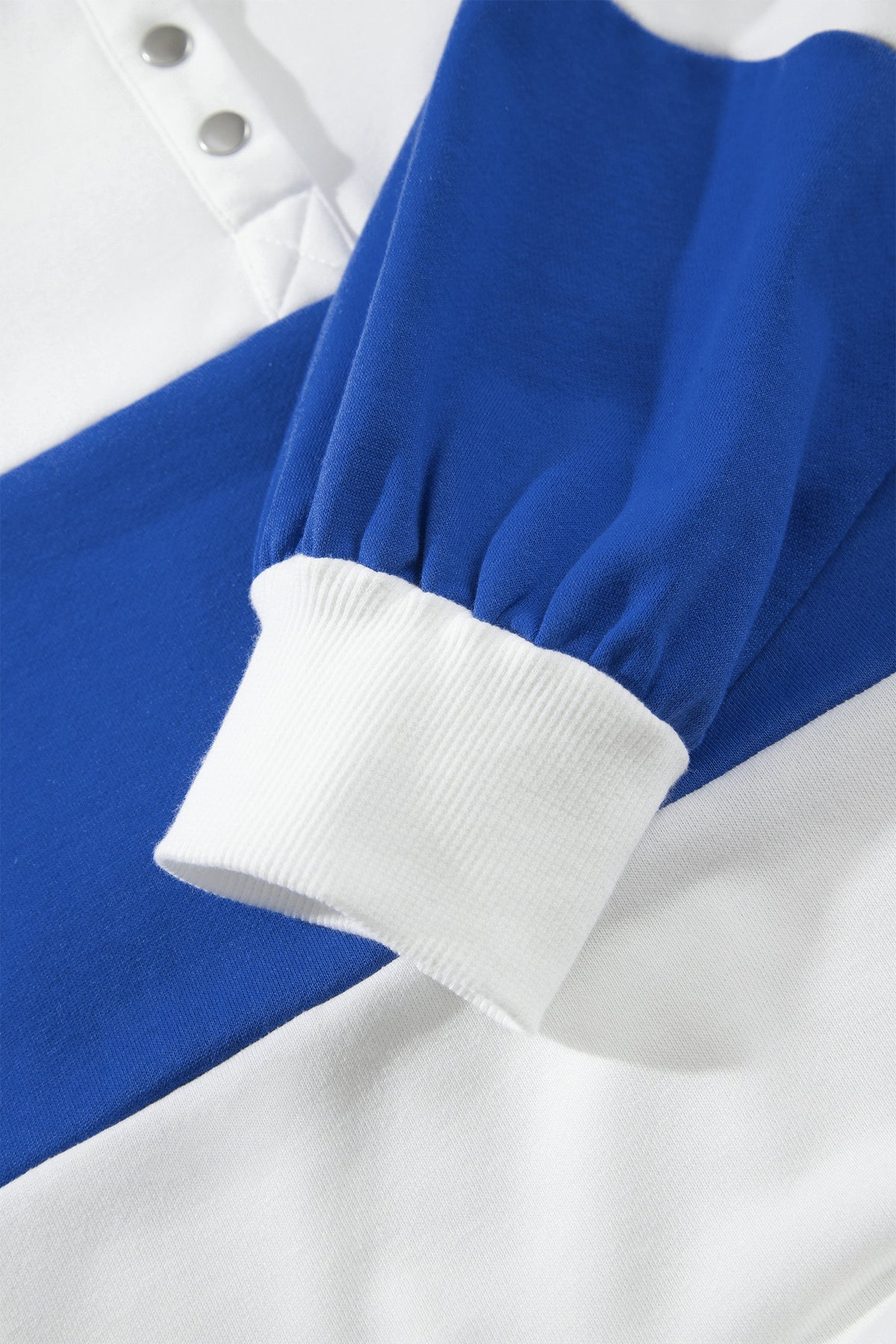 Dark Blue Striped Color Block Button V Neck Puff Sleeve Casual Sweatshirt