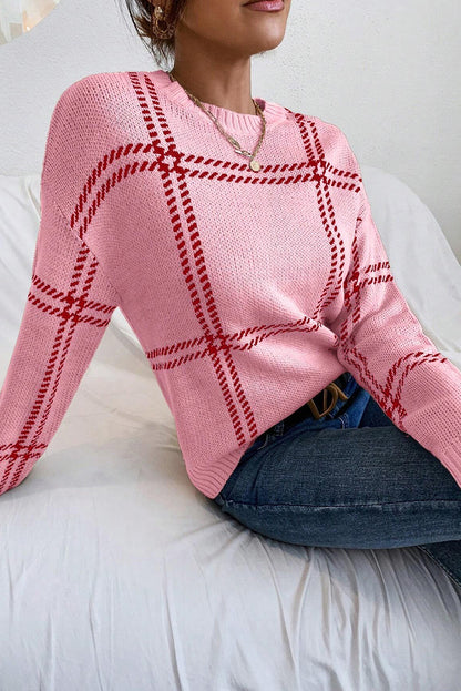 Pink Plaid Pattern Knitted Drop Shoulder Sweater