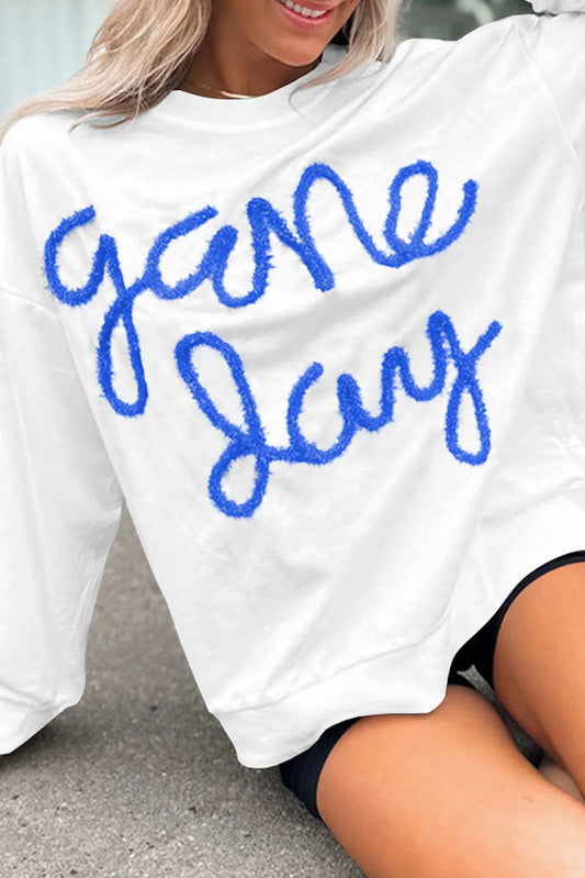 White Tinsel Game Day Drop Shoulder Graphic Sweatshirt - Chic Meadow Boutique 