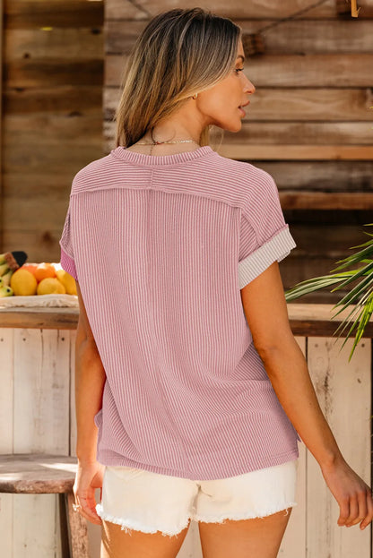 Pink Textured Colorblock Crew Neck T Shirt - Chic Meadow Boutique 