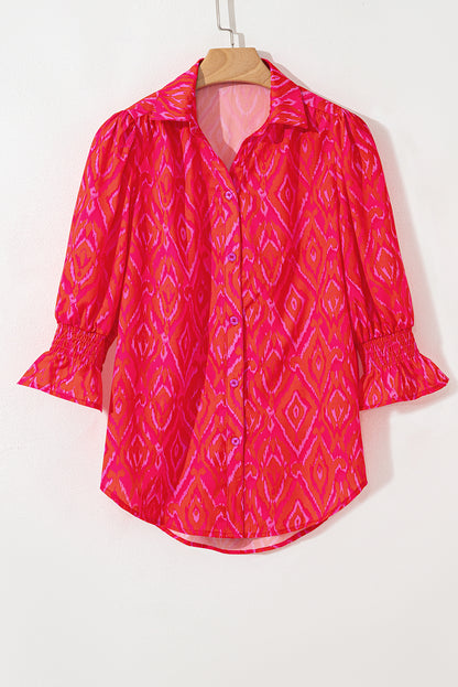 Strawberry Pink Western Aztec Geometric Ruffled 3/4 Sleeve Shirt