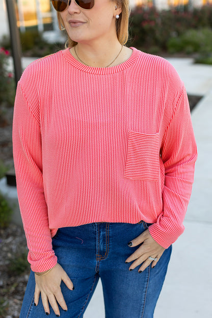 Peach Blossom Plus Size Ribbed Textured Long Sleeve T Shirt