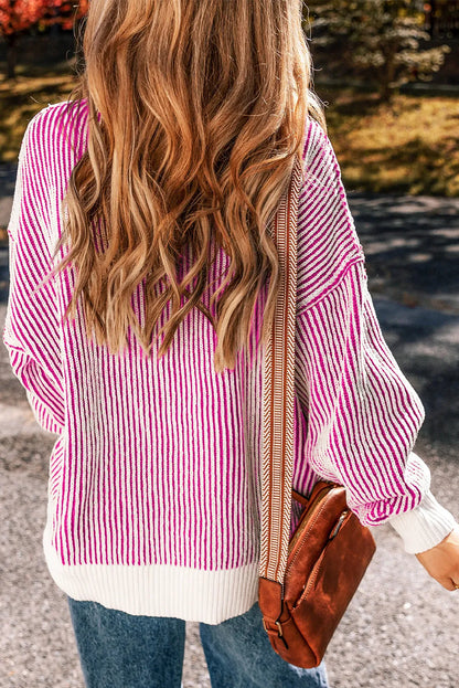 Bright Pink Striped Textured Knit Contrast Edge Loose Sweater - Chic Meadow Boutique 