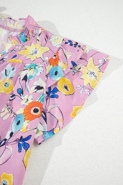 Pink Flutter Sleeve V Neck Floral Top
