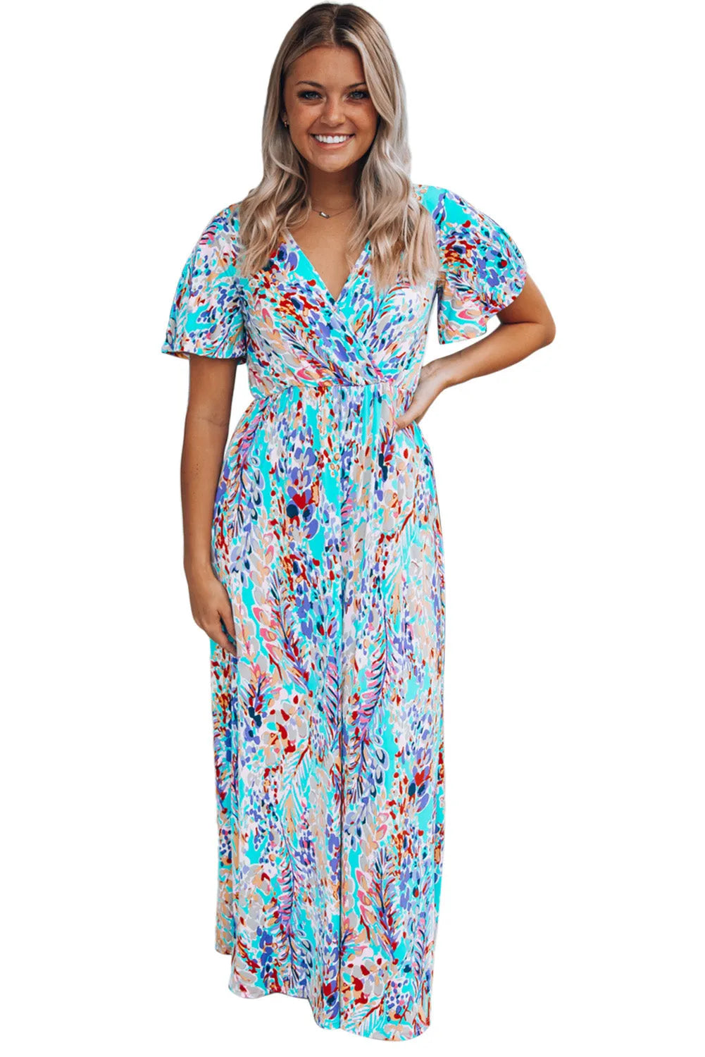 Dresses/Floral Dresses Green Wrap V Neck Floral Maxi Dress