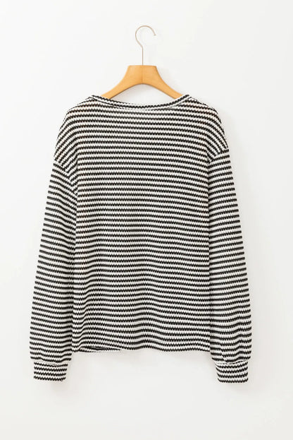 Black Stripe Round Neck Drop Shoulder Long Sleeve Top - Chic Meadow Boutique 