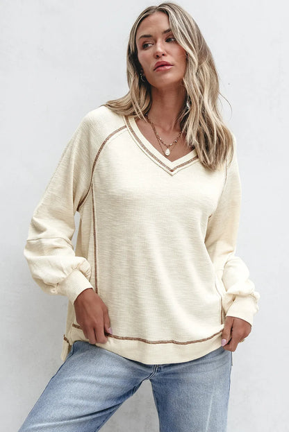 Beige Exposed Seam Textured Knit V Neck Pullover Top - Chic Meadow Boutique 