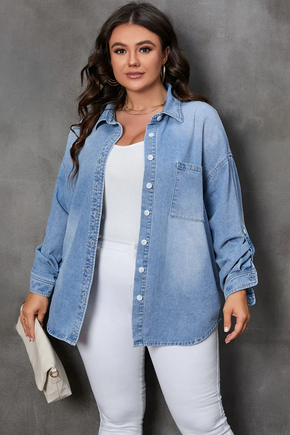 Sky Blue Plus Size Chest Pocket Button-Up Denim Shacket - Chic Meadow Boutique 