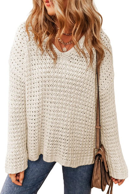 White Hollow-out Crochet V Neck Sweater - Chic Meadow Boutique 