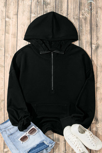 Black Solid Kangaroo Pocket Half Zipper Oversized Hoodie - Chic Meadow Boutique 