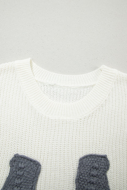 White Crochet Horseshoe Short Sleeve Knit Sweater