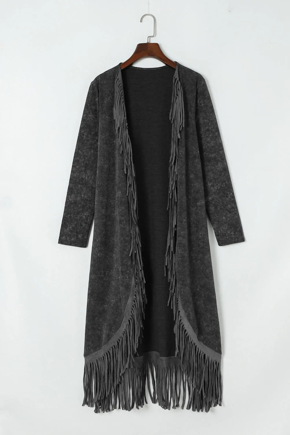 Black Fringed Hem Pocketed Open Cardigan - Chic Meadow Boutique 