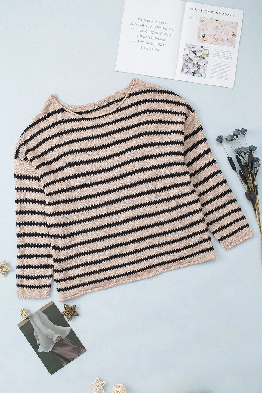 Striped Print Dropped Shoulder Loose Sleeve Sweater - Chic Meadow Boutique 