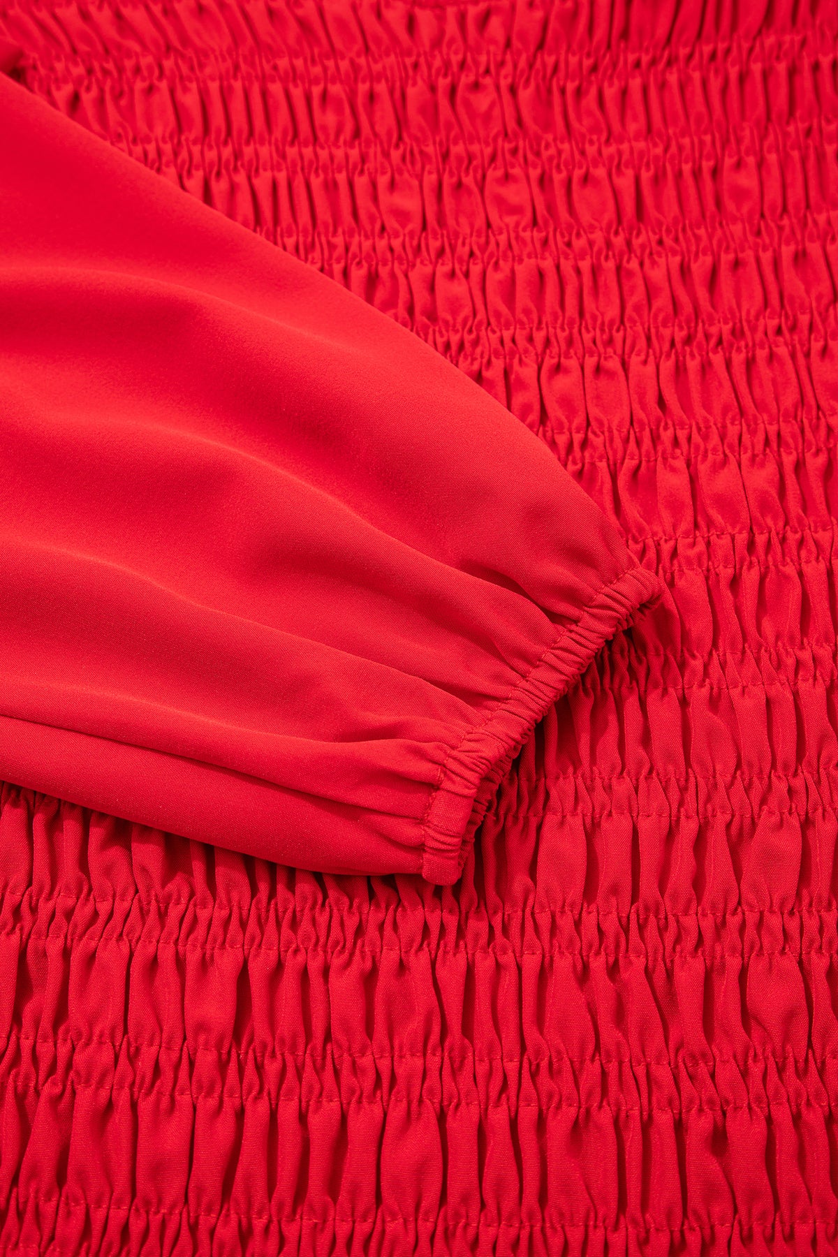 Racing Red Solid Color Smocked Ruffle Hem Long Sleeve Blouse