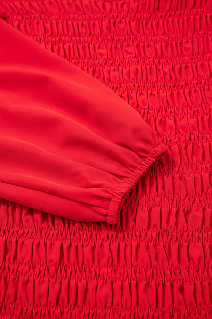 Racing Red Solid Color Smocked Ruffle Hem Long Sleeve Blouse