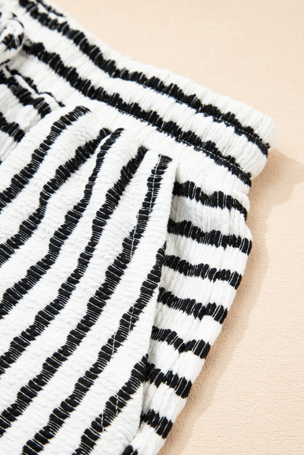 Black Stripe Knitted Short Sleeve Top and Drawstring Shorts Set