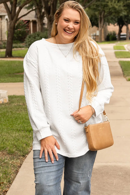 White Cable Textured Loose Plus Size Sweatshirt - Chic Meadow Boutique 